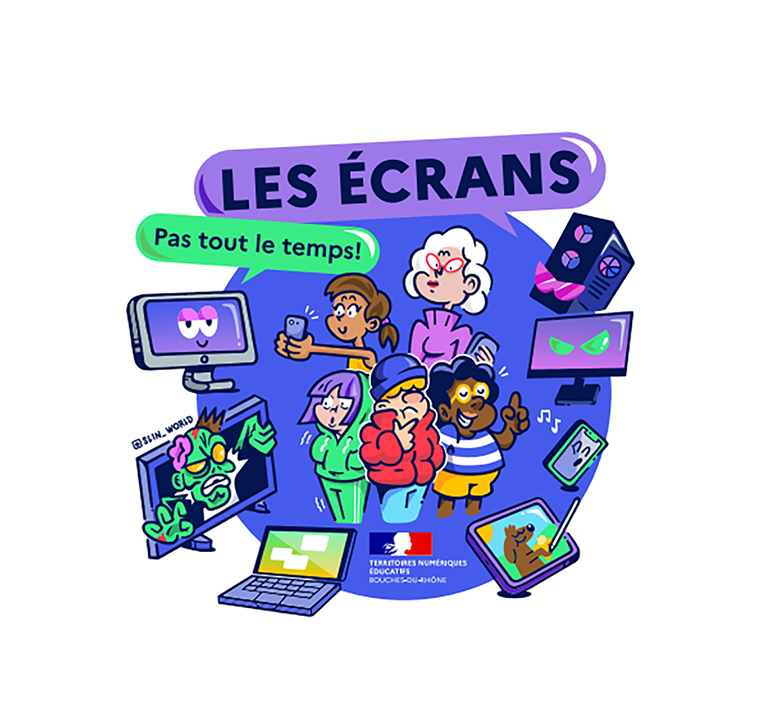 Illustration Les écrans pas tout le temps - personnages d'enfants entourés d'écrans