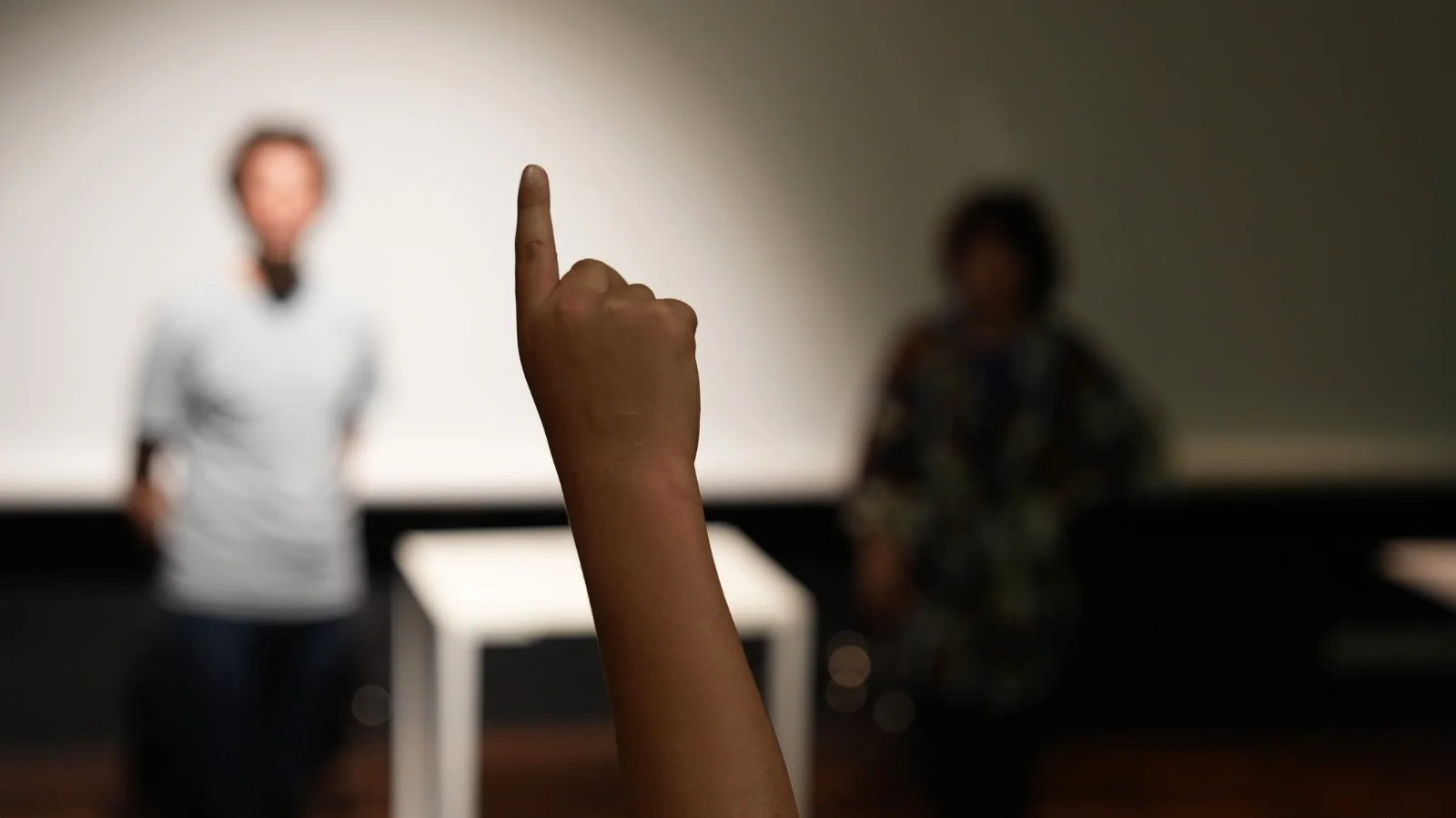 Mains levées dans la salle - participation enthousiaste des élèves au spectacle